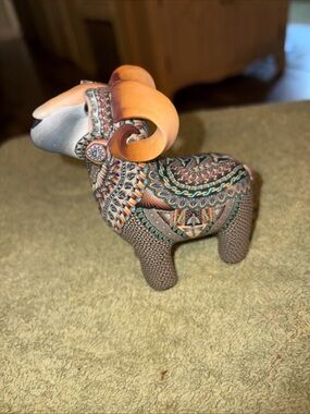 Decorative Patterned Ram Sculpture in Orange and Multicolor Jon Anderson art